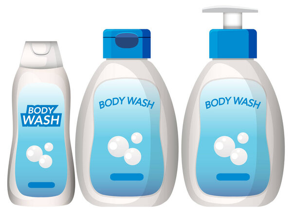 Векторная иллюстрация трех бутылок для мытья тела с голубыми этикетками, пузырьками и различными диспенсерами