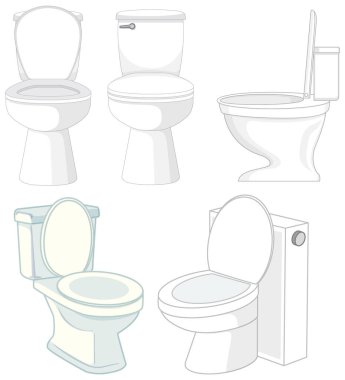 Önden, yandan ve dörtte üçten gösterilen farklı tuvalet modellerinin temiz vektör çizimi