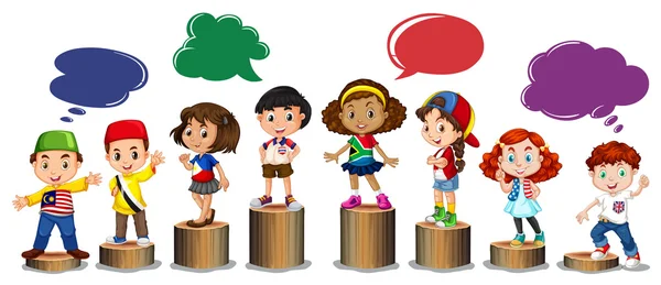 Internationale Kinder stehen auf Baumstämmen — Stockvektor
