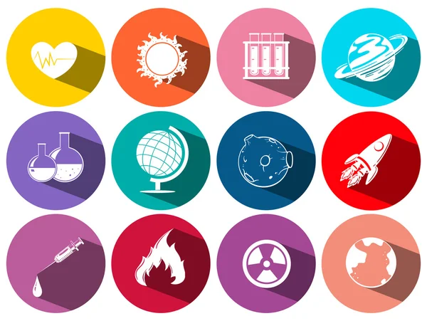 Science and technology symbols on round icons — Stock Vector