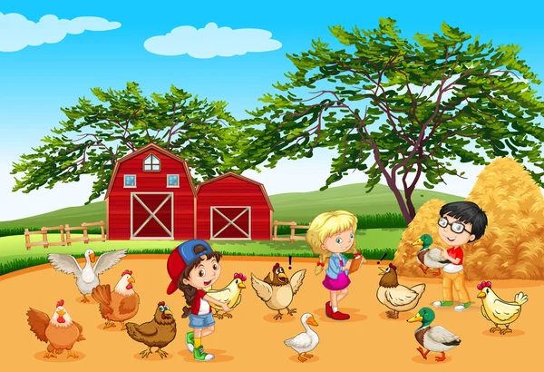 Niños alimentando animales en la granja — Vector de stock