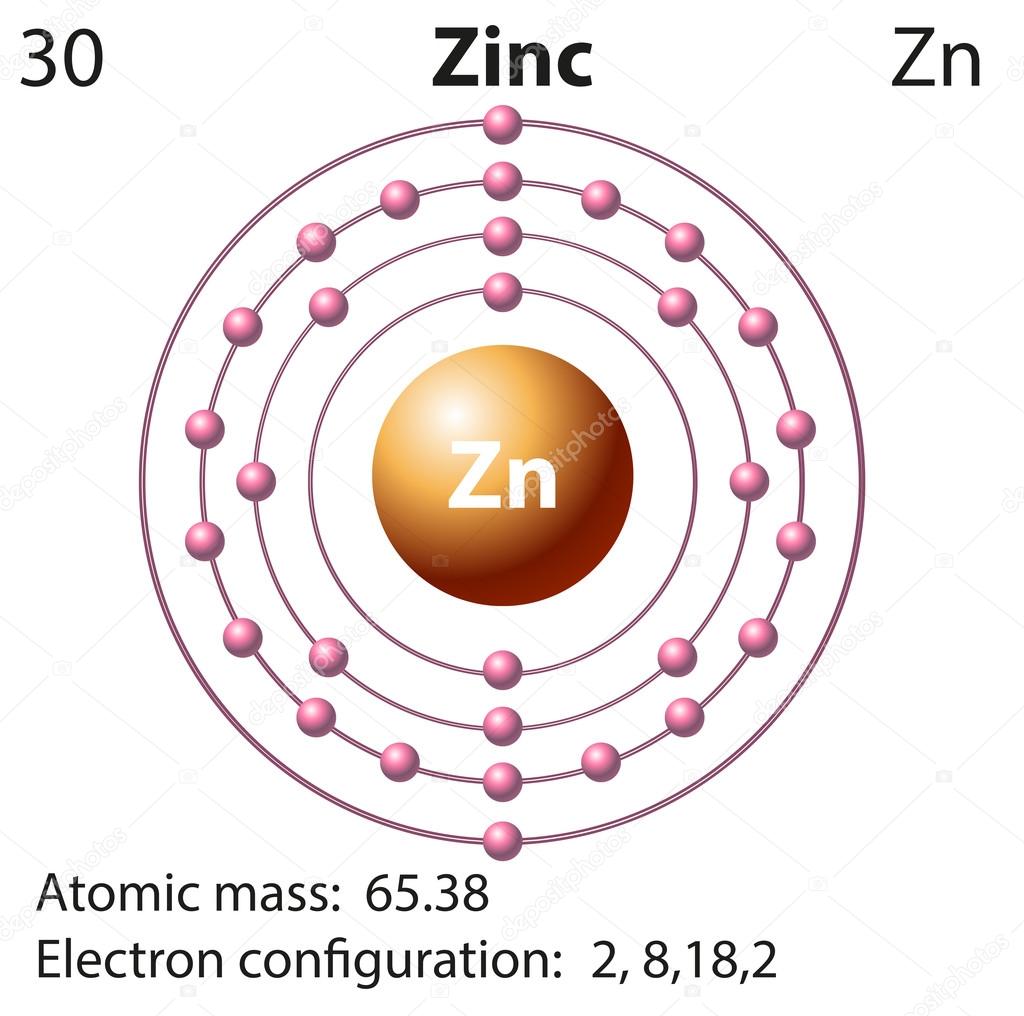 Symbol and electron diagram for Zinc