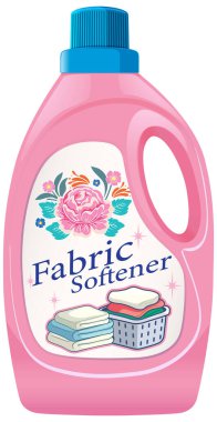 Pembe kumaş yumuşatıcı şişesi, çiçek etiketi, katlanmış havlular ve çamaşır sepetinin vektör çizimi