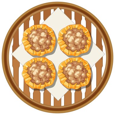 Bambu buharlı buharda pişirilmiş dört hamur köftesinin vektör çizimi, düz stil, parlak renkler