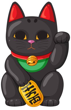 Çizgi film siyah Maneki Neko yükseltilmiş pençeli, altın sikkeli, kırmızı yakalı ve yeşil önlüklü