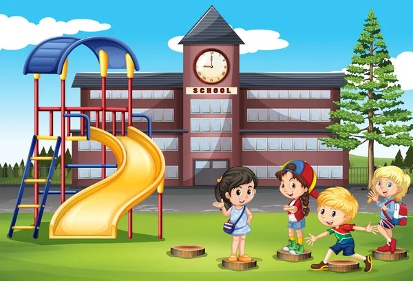 Niños jugando en el patio de la escuela — Vector de stock