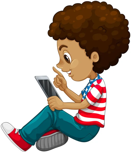 Curly hair boy using tablet computer — Stock Vector