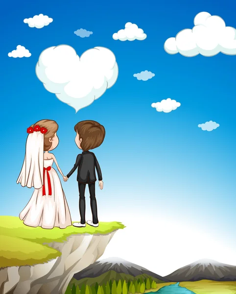 Wedding couple standing on cliff — Stock Vector