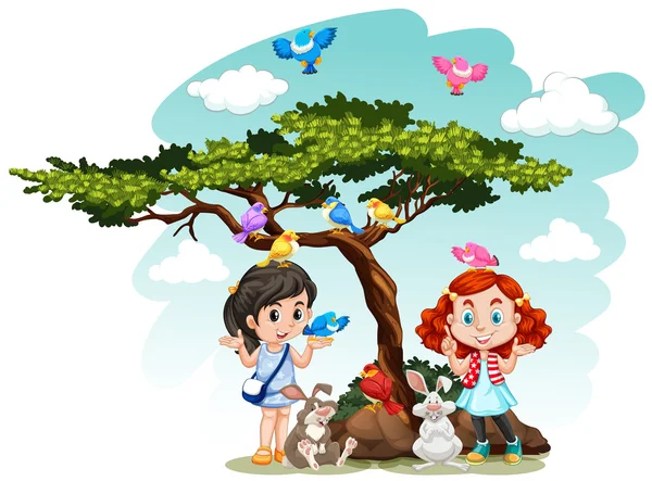 Dívky stojí pod stromem — Stockový vektor
