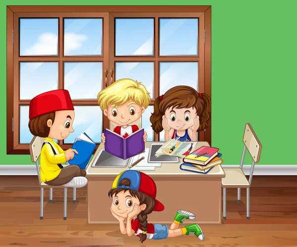 Bambini che leggono libri in classe — Vettoriale Stock