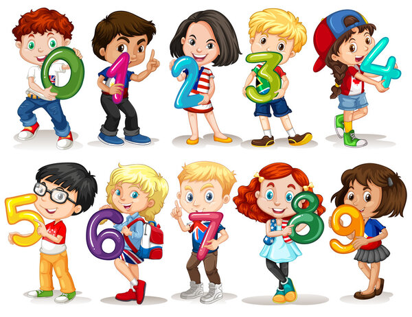 Children holding number zero to nine