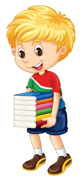 Little boy carrying stack of books — Stock Vector