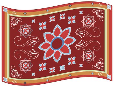 Merkezi çiçek motifli süslü kırmızı halı, geometrik aksanlar ve biçimlendirilmiş kenar, vektör illüstrasyonu