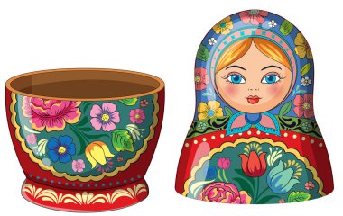 Bölünmüş bir Rus matruşka bebeğinin vektör çizimi, canlı çiçek desenleri, parlak renkler, temiz çizgiler ve beyaz bir arka plan.