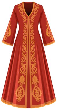 Karmaşık altın işlemeli kırmızı Türk kaftan vektör çizimi, ön manzara, düz stil