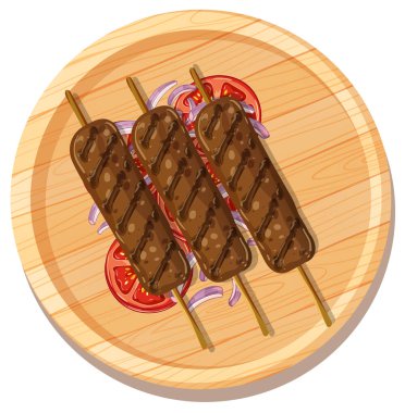 Üç ızgara et şişi dilimlenmiş domates ve soğan, vektör illüstrasyonu, üst görünüm