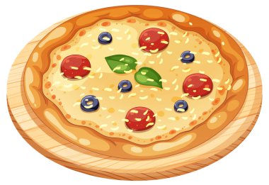 Elle çizilmiş peynirli, domatesli, zeytinli ve fesleğenli pizza yuvarlak ahşap bir tahtada parlak renkler ve temiz dış hatlarla.