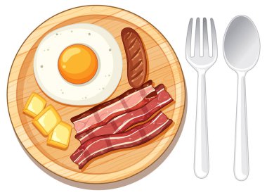 Yağda yumurta, pastırma, sosis, tereyağı, ahşap desenli kahvaltı tabağının vektör çizimi