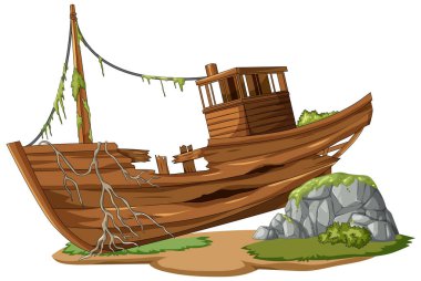 Çizgi film stili terk edilmiş ahşap tekne enkazı kıyıda yosun, sarmaşık, kaya, parlak düz renkler