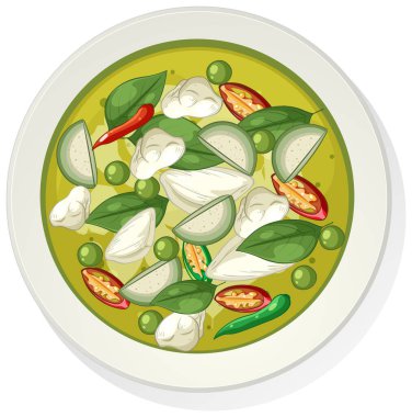 Tayland yeşil köri, canlı sebzeler, taze otlar, genel görünüm, düz stil.