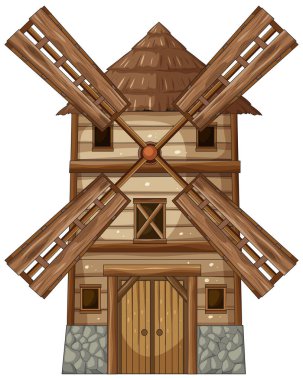 Çizgi film rustik ahşap yel değirmeni, taş tabanlı, önden görünüşlü, temiz beyaz arkaplan, düz vektör tarzı.