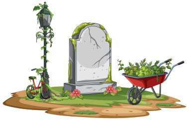 Aşırı gelişmiş bitkilerin olduğu çizgi film mezar taşı sahnesi terk edilmiş bisiklet, el arabası ve beyaz arka planda klasik sokak lambası.