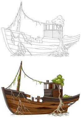 Ağaç kökleri, yosunlar ve bitki örtüsü tarafından ele geçirilen terk edilmiş ahşap teknenin ayrıntılı vektör çizimi