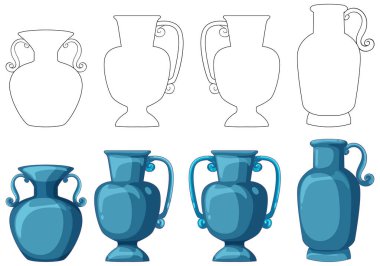 İlerici vektör aşamalarında resmedilmiş antik amfora vazoları, mavi renk paleti, temiz hatlar