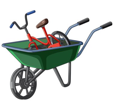 Yeşil el arabası içindeki kırmızı üç tekerlekli bisikletin vektör çizimi, temiz çizgiler, beyaz arkaplan, düz biçim