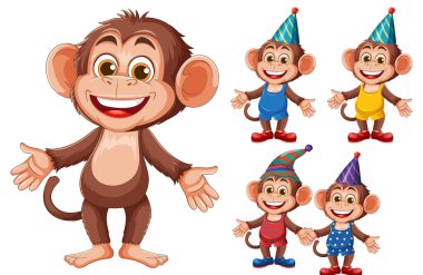 Renkli parti şapkaları ve kıyafetleri içinde parlak renkler ve temiz çizgiler kullanan neşeli bir karikatür maymunun vektör çizimi
