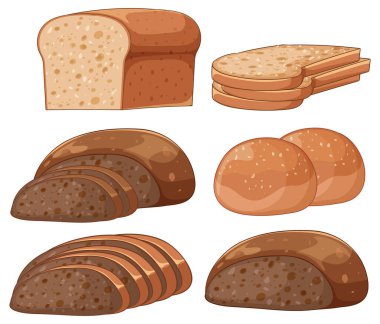 Dilimlenmiş beyaz, kahverengi ve yuvarlak somunlar da dahil olmak üzere çeşitli ekmek tipleri, yumuşak gölgeleme ve nötr tonlar ile temiz, düz vektör tarzı çizilmiş