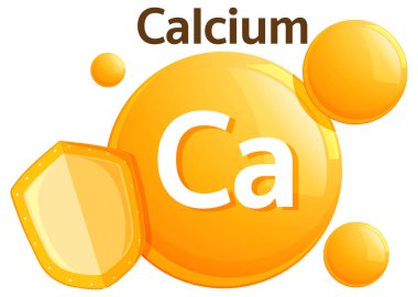 Kalsiyum takviyesi sembolünün parlak vektör çizimi, koyu turuncu küreler, bir kalkan motifi ve temiz düz tasarım elementleri içerir.