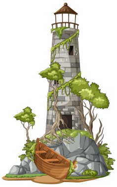 Harap olmuş deniz fenerinin detaylı vektörü kayalık sahilde ağaçlar ve karaya oturmuş teknelerle birlikte.