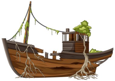 Ağaç kökleri, yosunları ve temiz beyaz arkaplanı olan terk edilmiş ahşap teknenin ayrıntılı vektör çizimi