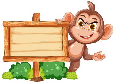 Gülen karikatür maymun hareketleri boş tahta tabela, yeşil çalılar, parlak vektör çizimleri