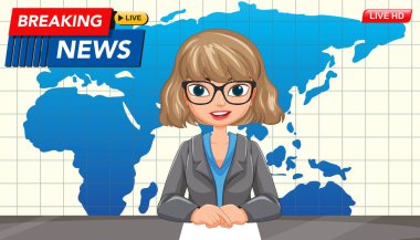 Cesur renkler ve modern bir stile sahip, dünya haritası geçmişi olan bir haber sunucusunun vektör illüstrasyonu