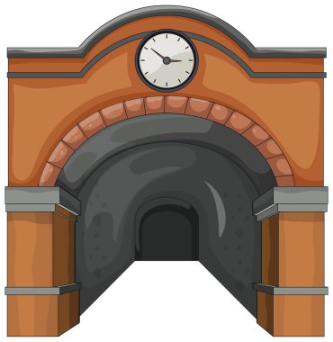 Saat, düz gölgeleme, izole edilmiş arka plan ile kemerli tuğla tren girişinin vektör çizimi