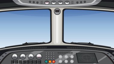 Bir uçak kokpitinin iç kısmının vektör çizimi, ayrıntılı enstrüman panelleri ve ön camdan temiz gökyüzü görüntüsü sergileniyor.