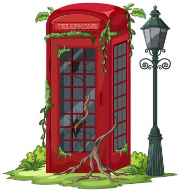 Kırmızı telefon kulübesi, vintage sokak lambasının yanında asmalar ve yosunlar tarafından ele geçirildi.