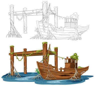 Yosunlu terk edilmiş tekne ve iskelenin mangrov kökleri ve sakin su içeren detaylı çizgi film vektörü.