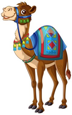 Karikatür deve ayakta, canlı desenli battaniye ile süslenmiş, beyaz arka planda izole edilmiş, vektör tarzı
