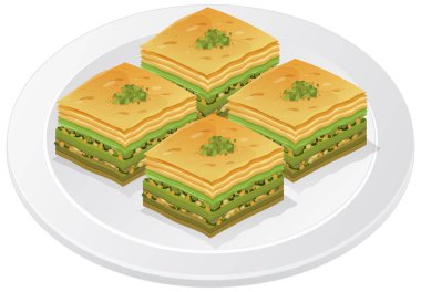 Beyaz bir plakaya yerleştirilmiş katmanlı şam fıstıklı baklava kareleri, temiz vektör illüstrasyon tarzı.