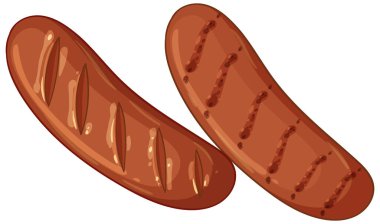 Izgara işaretli iki ızgara sosis, beyaz renkli vektör illüstrasyon tarzında izole edilmiş.