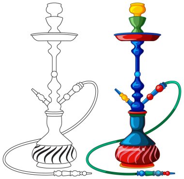 Canlı renklerde vektör nargilesi ve siyah çizgiler, temiz çizgiler, beyaz arka planda izole edilmiş.