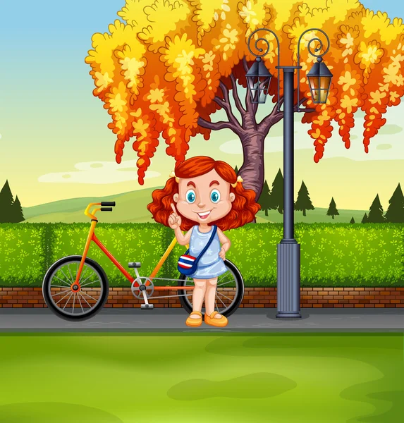Little girl and bicycle in the park — Stock Vector