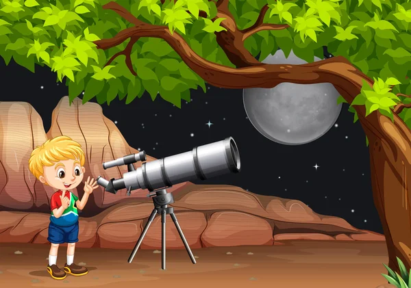 Chlapec v noci při pohledu dalekohledem — Stockový vektor