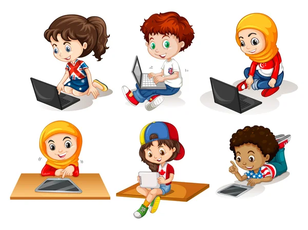 Crianças usando computador e tablet — Vetor de Stock