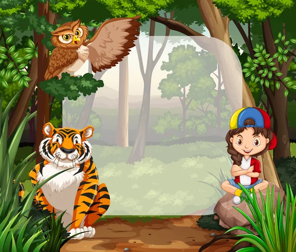 Маленька дівчинка і дикі тварини в джунглях — стоковий вектор