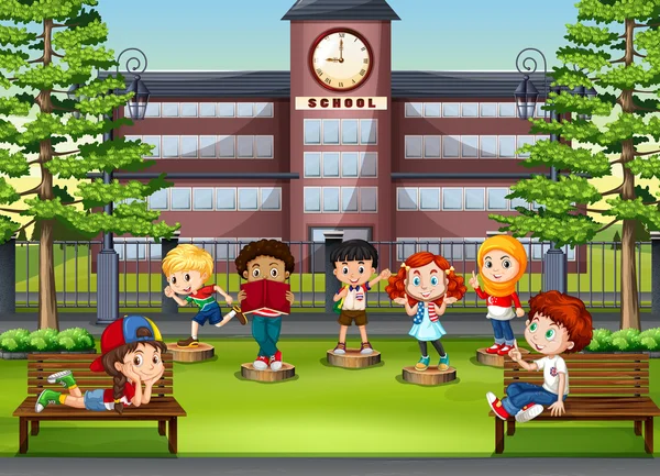 Children at the park in front of school — Stock Vector