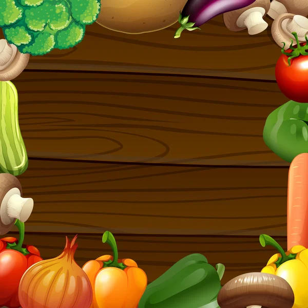 Frontera de verduras en marco de madera — Vector de stock